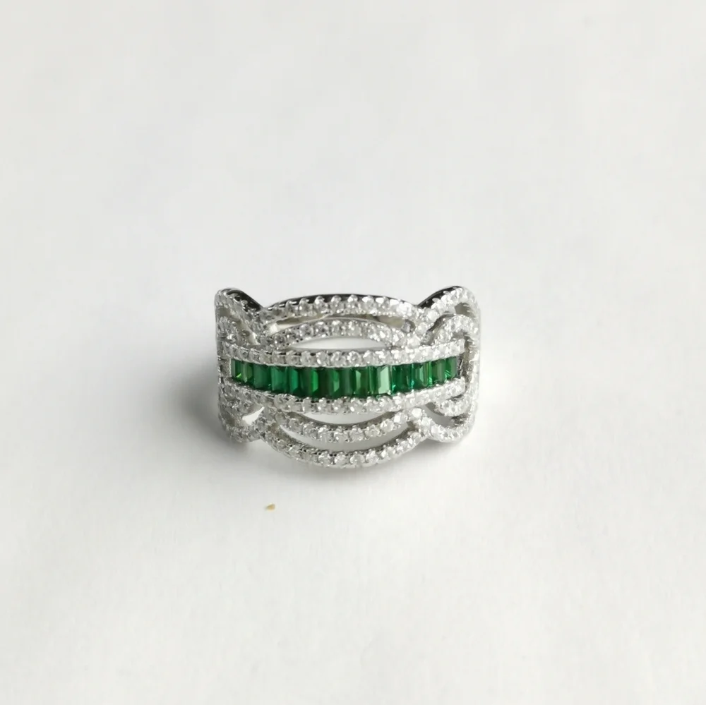 Art Deco Emerald CZ cocktail ring 14k white gold size 7